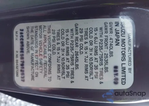 1989 Isuzu Trooper Ii from USA, damaged, VIN JACCH58E5K7912537